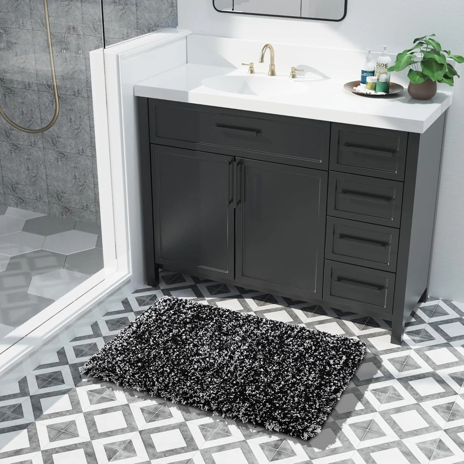 Yimobra Bath Rugs for Bathroom 32x20, Ultra Soft and Water Absorbent Bath Mats, Non Slip Plush Shower Rugs, Microfiber Thick Matts for Bathroom Floor/Tub, Machine Washable, 32"x 20", Black and White