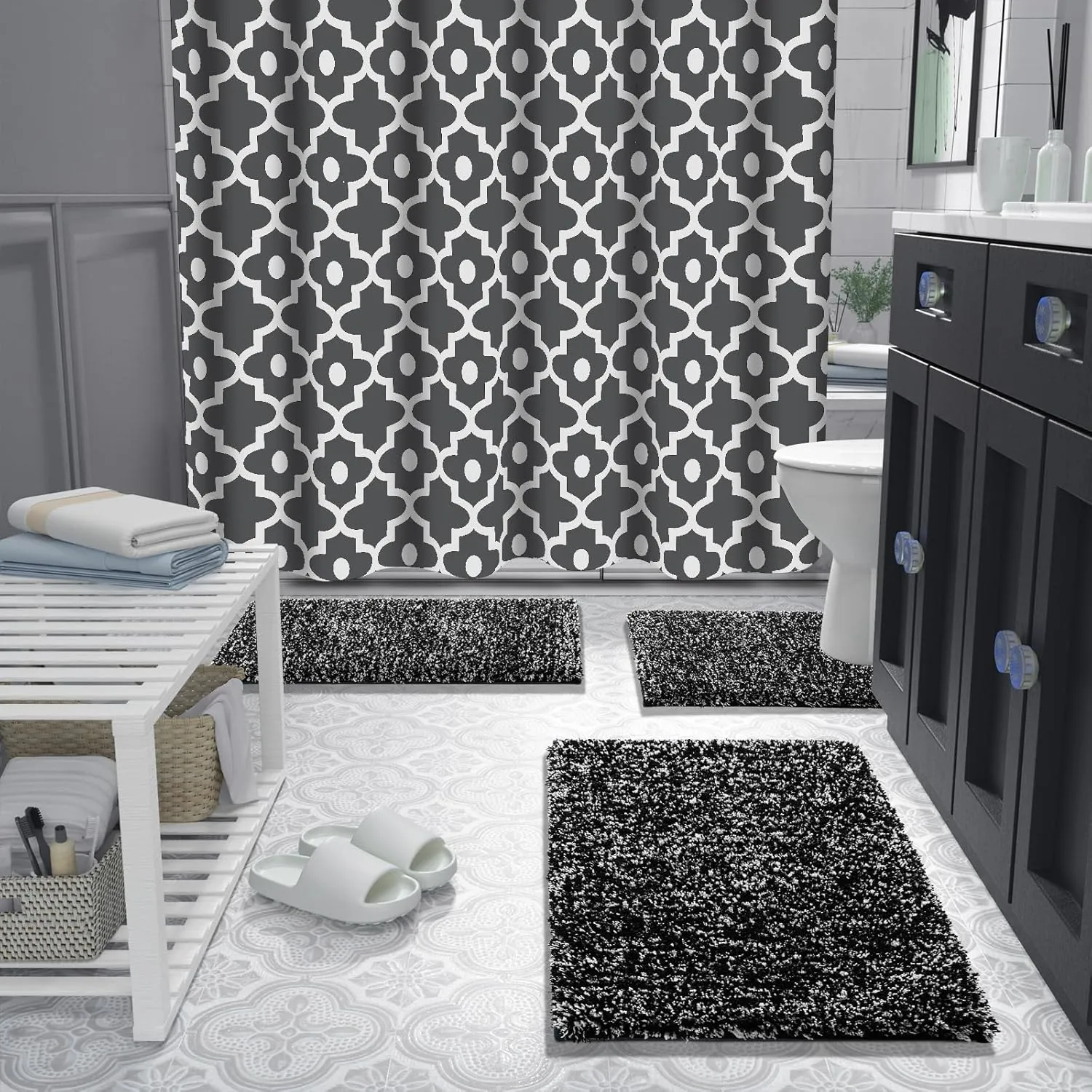 Yimobra Bath Rugs for Bathroom 32x20, Ultra Soft and Water Absorbent Bath Mats, Non Slip Plush Shower Rugs, Microfiber Thick Matts for Bathroom Floor/Tub, Machine Washable, 32"x 20", Black and White