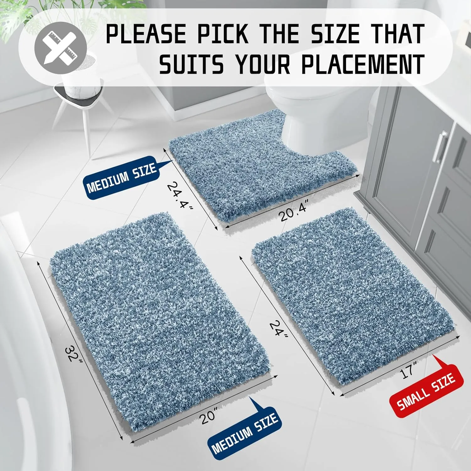 Yimobra Bath Rugs for Bathroom 32x20, Ultra Soft and Water Absorbent Bath Mats, Non Slip Plush Shower Rugs, Microfiber Thick Matts for Bathroom Floor/Tub, Machine Washable, Denim Blue and White