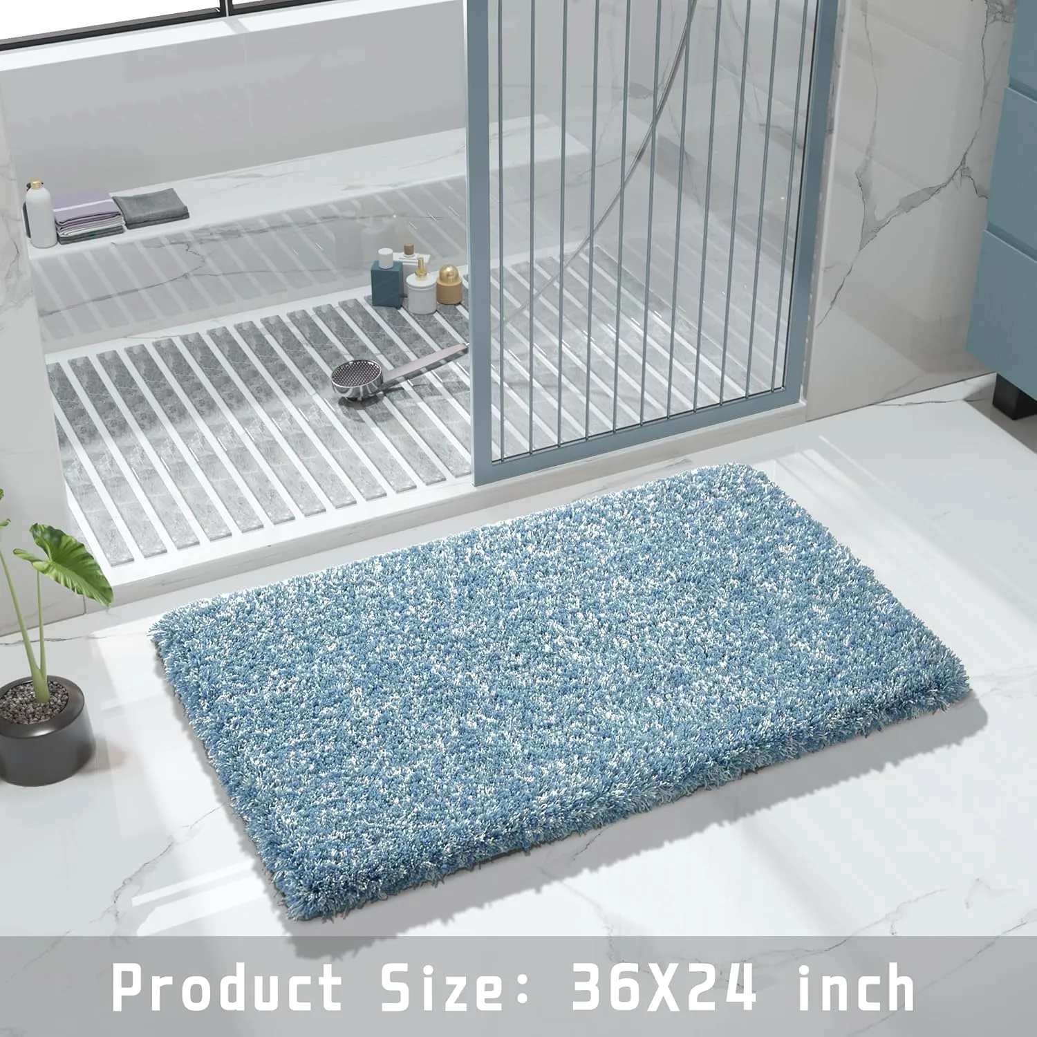 Yimobra Bathroom Rugs Non Slip Washable 36x24, Ultra Soft and Water Absorbent Bath Mats, Plush Fluffy Shower Mat Outside, Luxury Microfiber Thick Matts for Bathroom Floor/Tub, Denim Blue and White