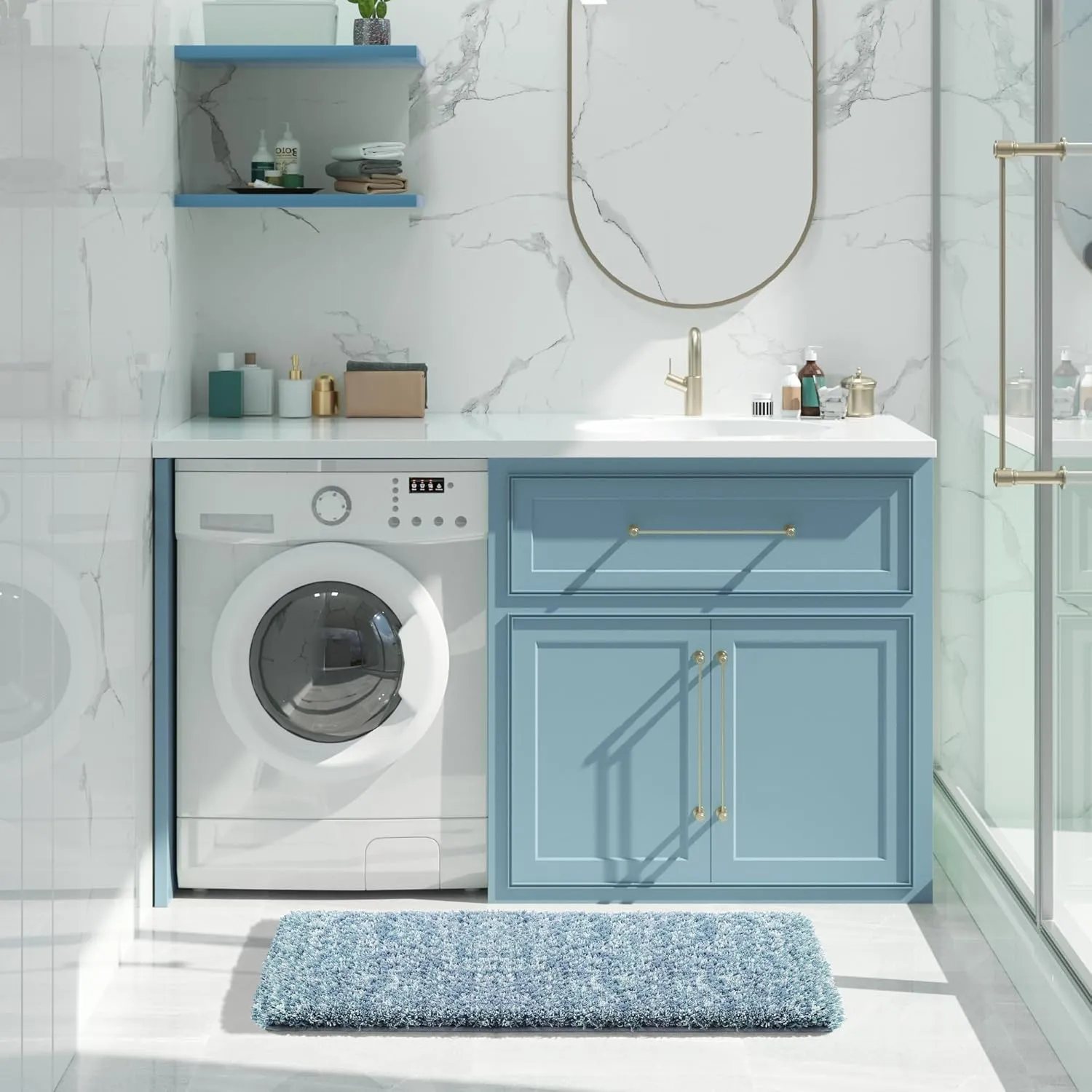 Yimobra Bathroom Rugs Non Slip Washable 36x24, Ultra Soft and Water Absorbent Bath Mats, Plush Fluffy Shower Mat Outside, Luxury Microfiber Thick Matts for Bathroom Floor/Tub, Denim Blue and White