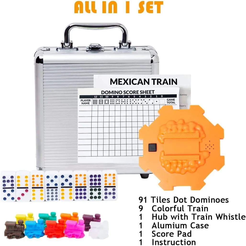 Yinlo Mexican Train Dominoes Set, Hub with Real Train Sound, Double 12 Colored Dot