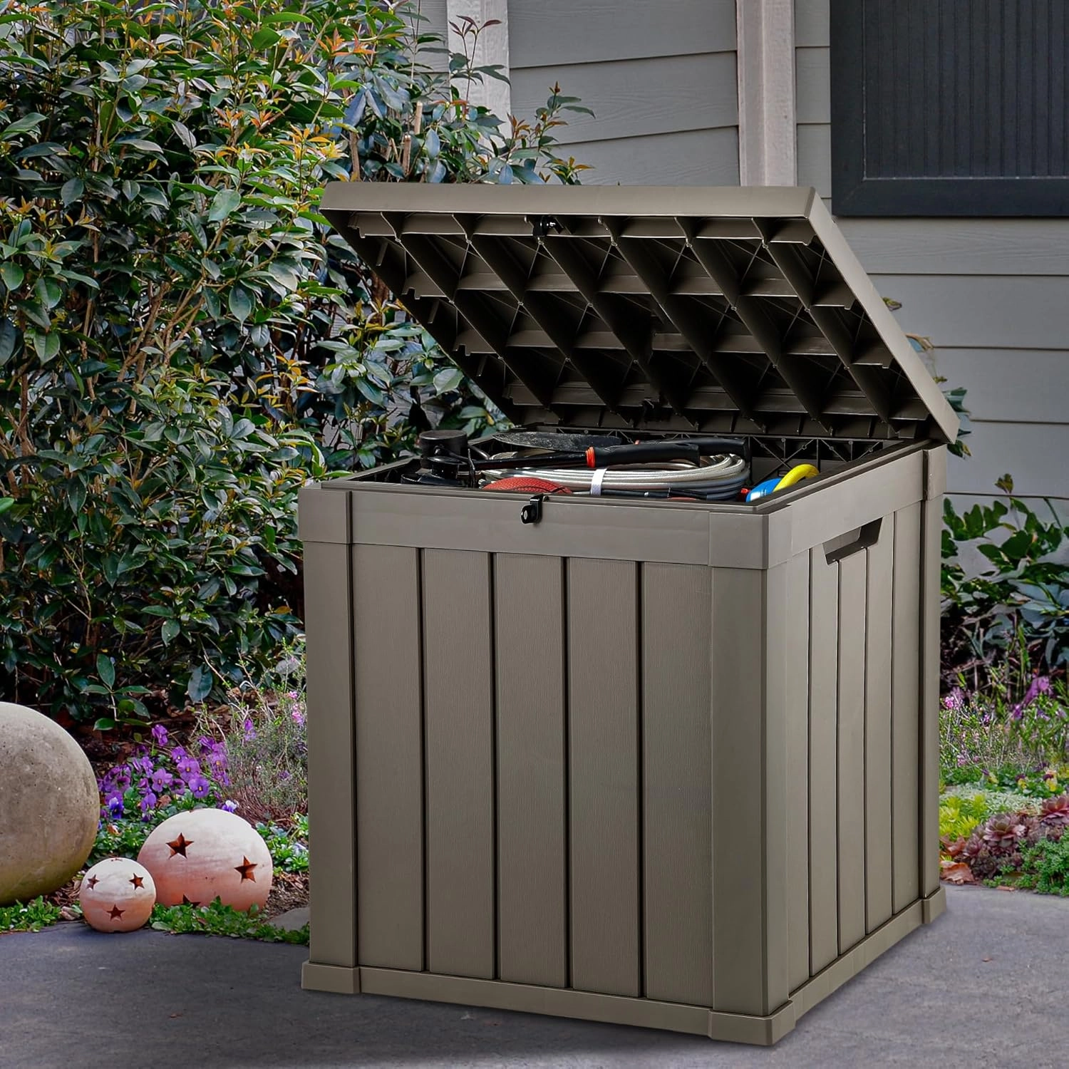 YITAHOME Deck Box, 51 Gallon Weather Resistant Outdoor Storage Container for Patio Cushions, Pool Supplies, Garden Tools, Lockable Lid and Side Handles, Light Brown