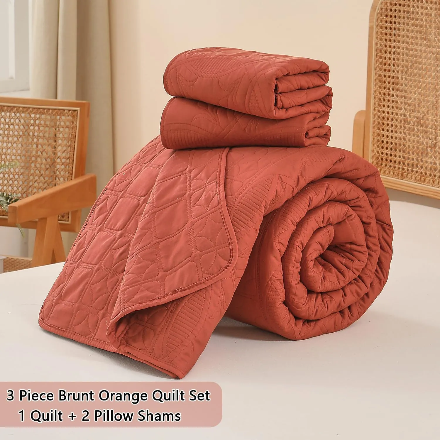 Yogeneg King/Cal King Size Quilt Bedding Set,3Piece Brunt Orange Quilt Set with Pillow Shams,Geometric Coin Pattern Summer Bedspread Coverlet,Lightweight Soft Bed Cover,All Season(Brunt Orange,King)