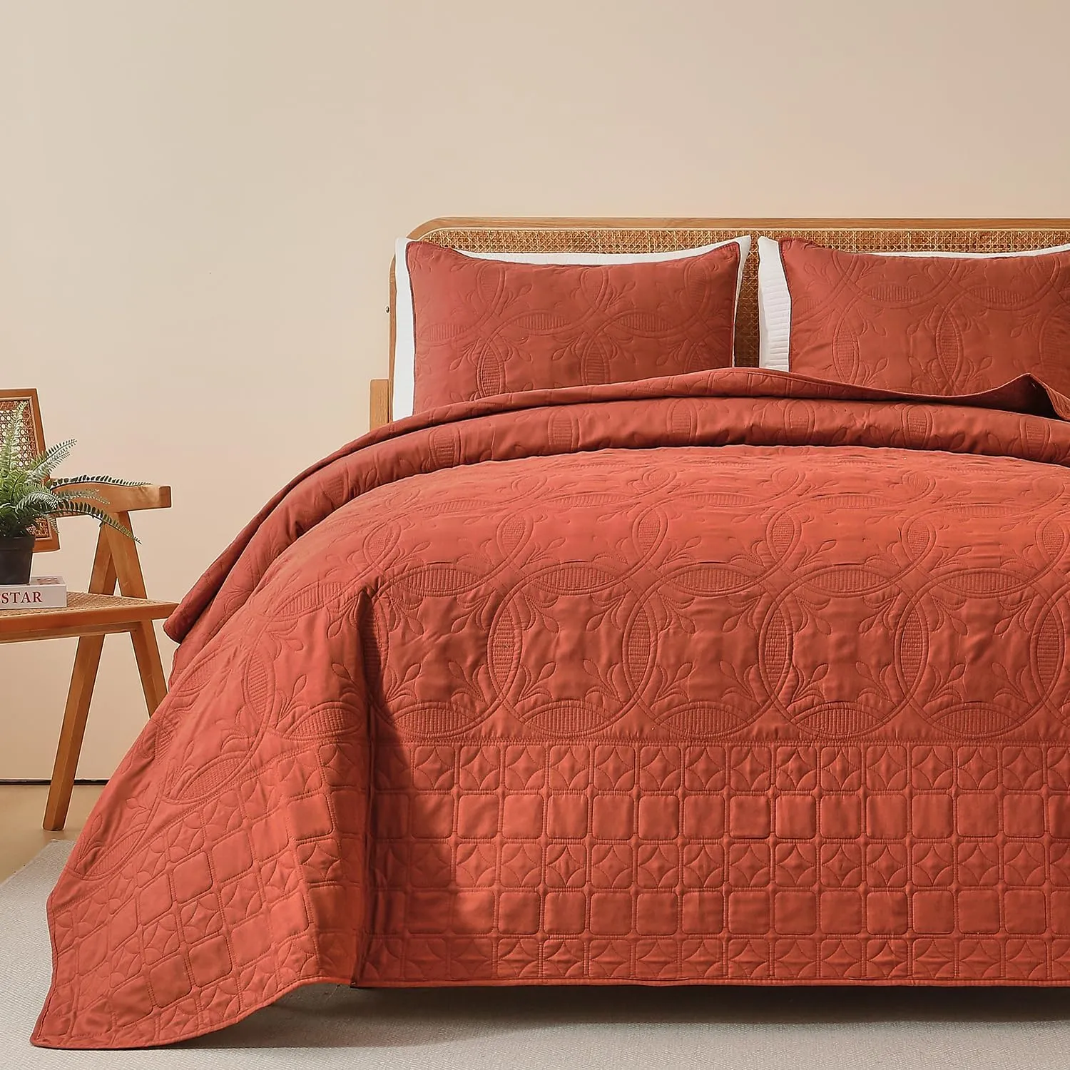 Yogeneg King/Cal King Size Quilt Bedding Set,3Piece Brunt Orange Quilt Set with Pillow Shams,Geometric Coin Pattern Summer Bedspread Coverlet,Lightweight Soft Bed Cover,All Season(Brunt Orange,King)