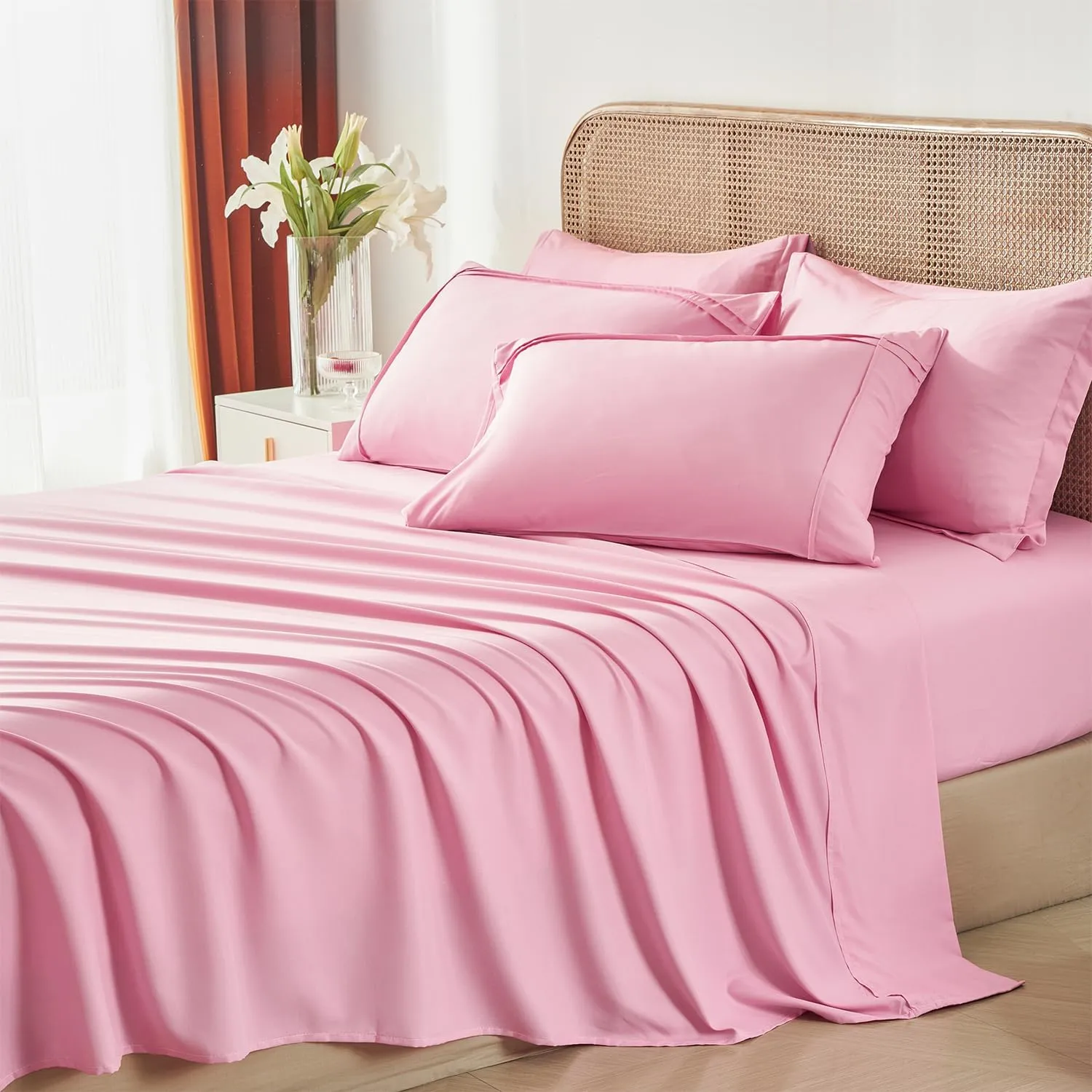 Yogeneg Queen Comforter Set 7 Piece Bed in a Bag,Grid Pinch Pleat Pink Bedding Set,Striped Textured Soft Microfiber Comforter with Sheet Set,All Season Complete Bed Set(Pink,Queen)