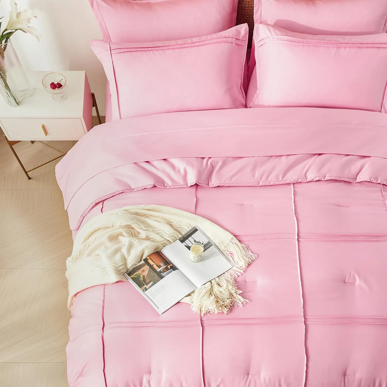 Yogeneg Queen Comforter Set 7 Piece Bed in a Bag,Grid Pinch Pleat Pink Bedding Set,Striped Textured Soft Microfiber Comforter with Sheet Set,All Season Complete Bed Set(Pink,Queen)