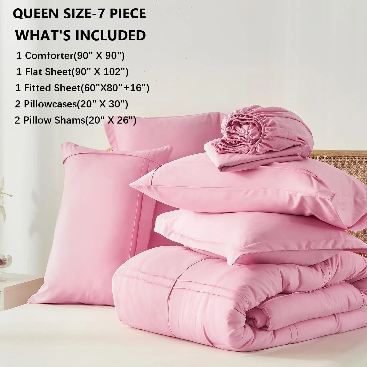 Yogeneg Queen Comforter Set 7 Piece Bed in a Bag,Grid Pinch Pleat Pink Bedding Set,Striped Textured Soft Microfiber Comforter with Sheet Set,All Season Complete Bed Set(Pink,Queen)