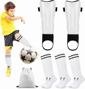 Youth Soccer Shin Guards Set with 3 Pairs Socks and Storage Bag, White