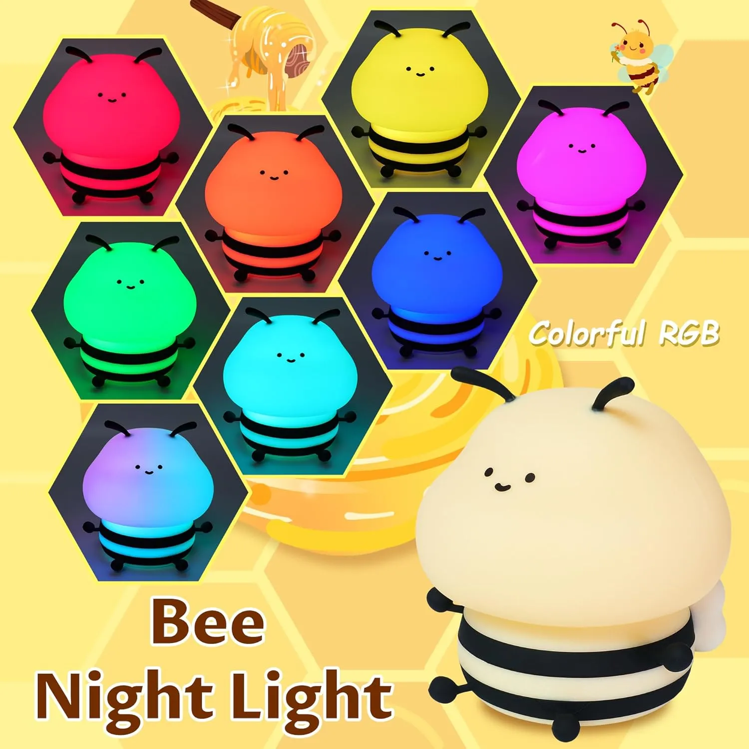 YuanDian Cute Bee Night Light for Kids, Nursery Night Lamp Kawaii Animal Bedside Nightlight with 7 Colors 3 Levels Dimmable Tap Control Rechargeable Nightlights