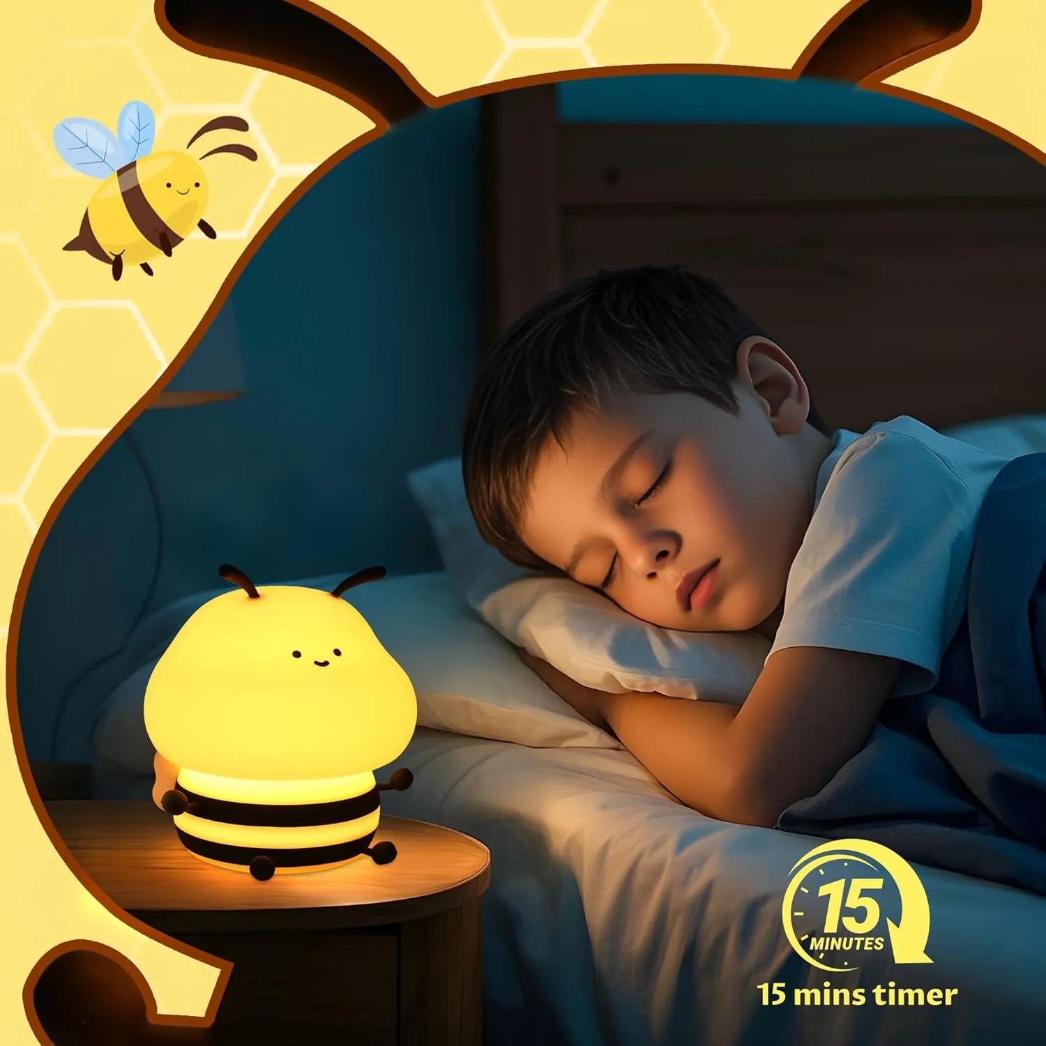 YuanDian Cute Bee Night Light for Kids, Nursery Night Lamp Kawaii Animal Bedside Nightlight with 7 Colors 3 Levels Dimmable Tap Control Rechargeable Nightlights