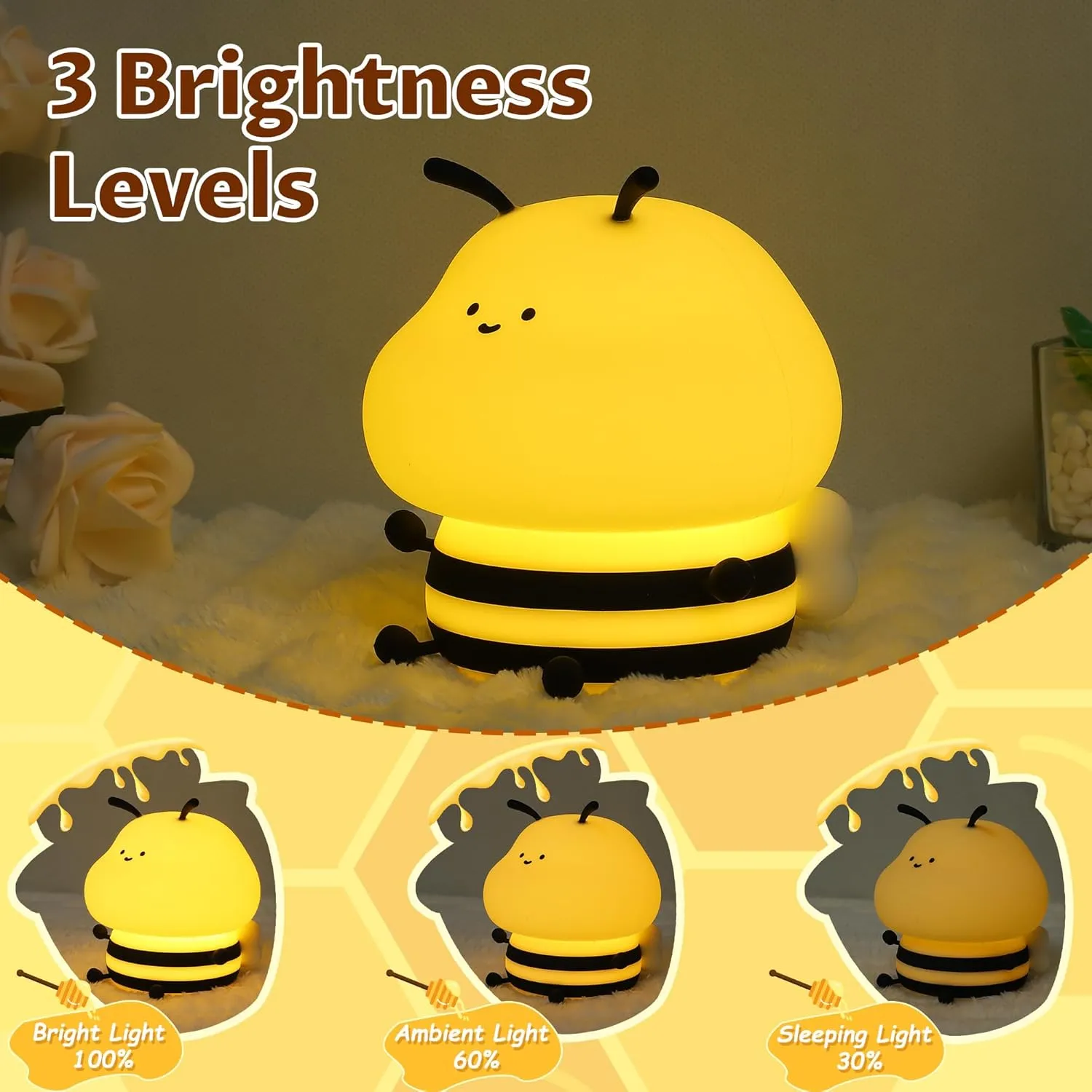 YuanDian Cute Bee Night Light for Kids, Nursery Night Lamp Kawaii Animal Bedside Nightlight with 7 Colors 3 Levels Dimmable Tap Control Rechargeable Nightlights