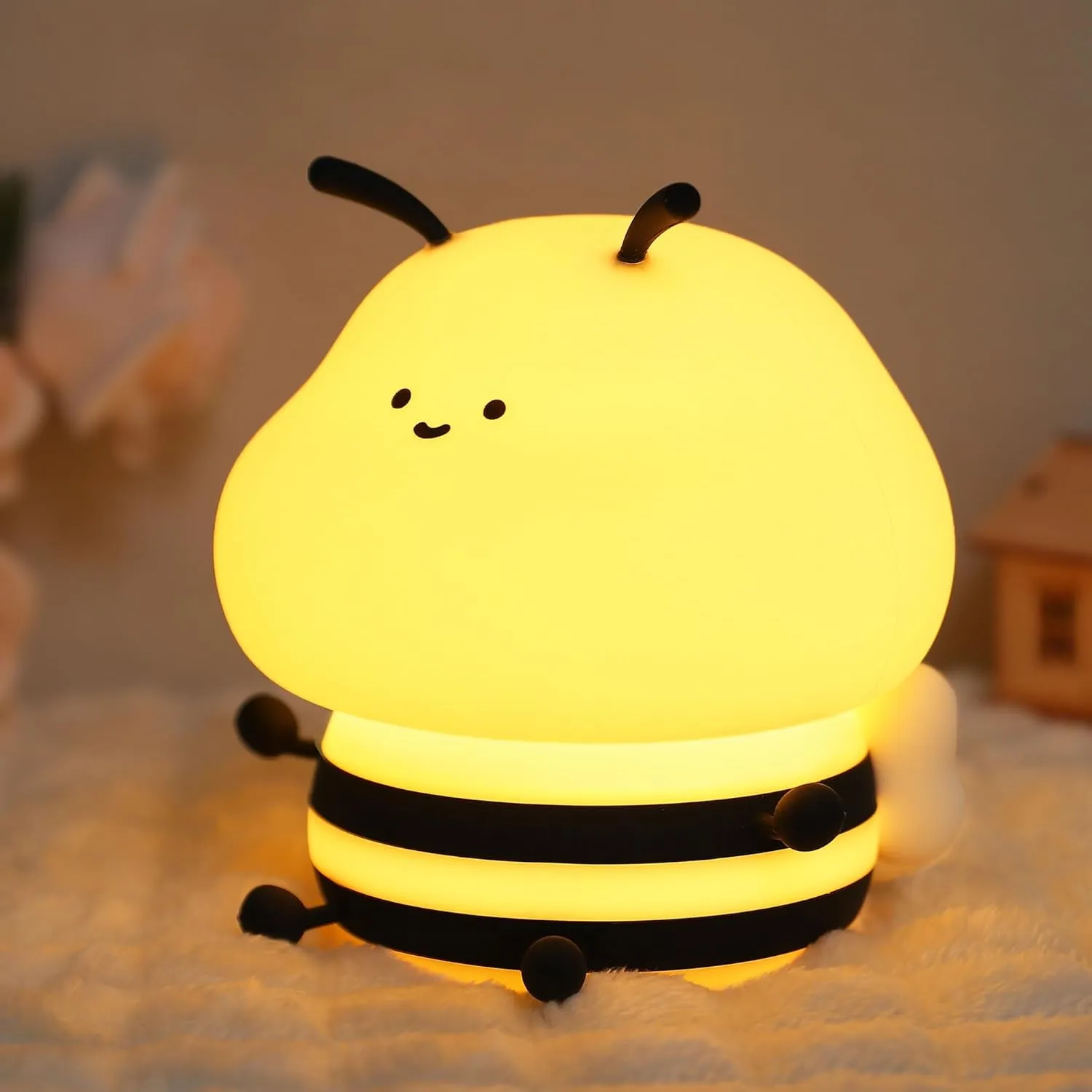YuanDian Cute Bee Night Light for Kids, Nursery Night Lamp Kawaii Animal Bedside Nightlight with 7 Colors 3 Levels Dimmable Tap Control Rechargeable Nightlights