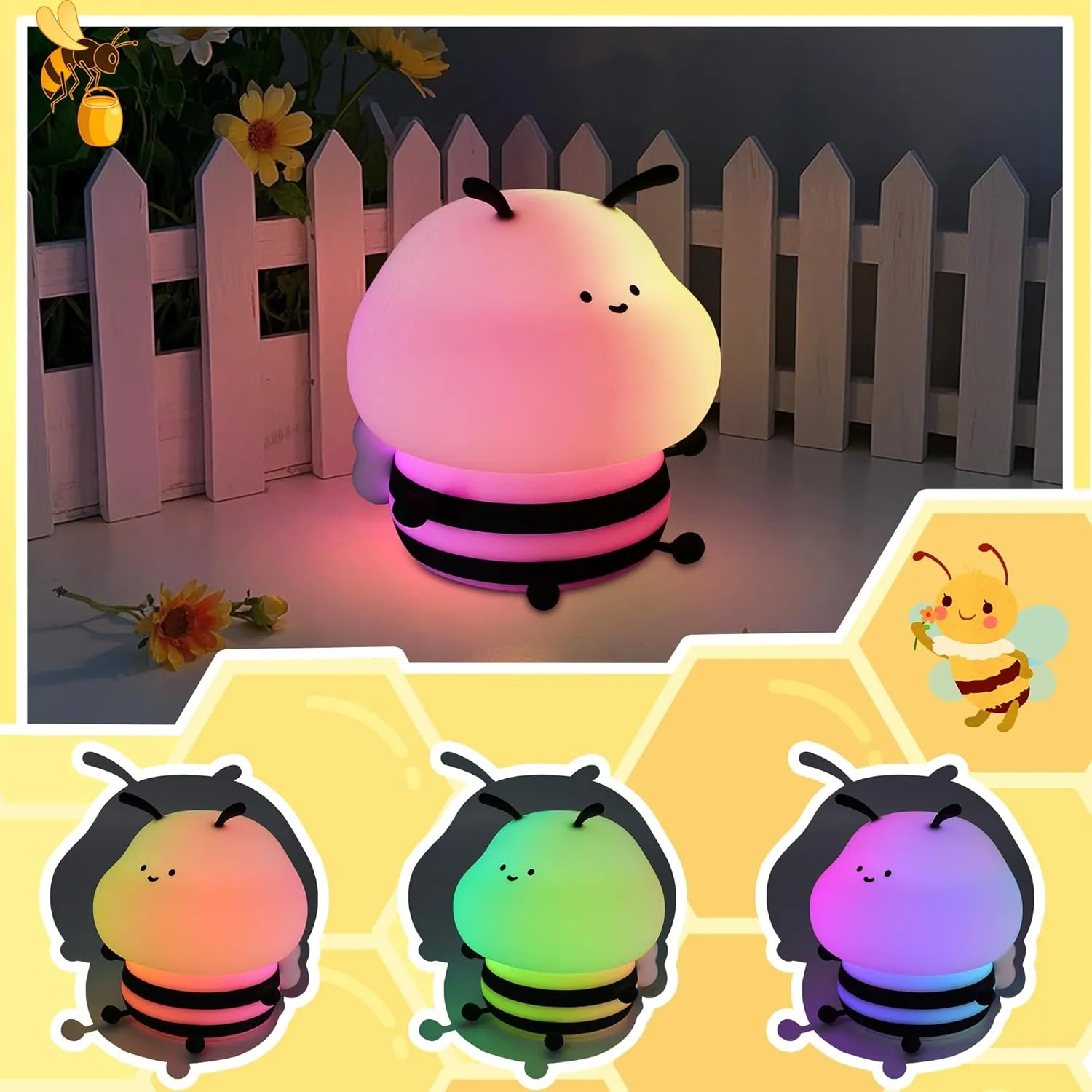 YuanDian Cute Bee Night Light for Kids, Nursery Night Lamp Kawaii Animal Bedside Nightlight with 7 Colors 3 Levels Dimmable Tap Control Rechargeable Nightlights