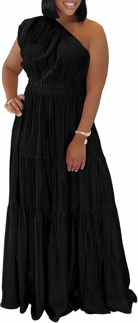 Yuopeid Women's Summer Vacation Dress Solid Color One Shoulder Sleeveless Waisted Ruched Loose Maxi Dress