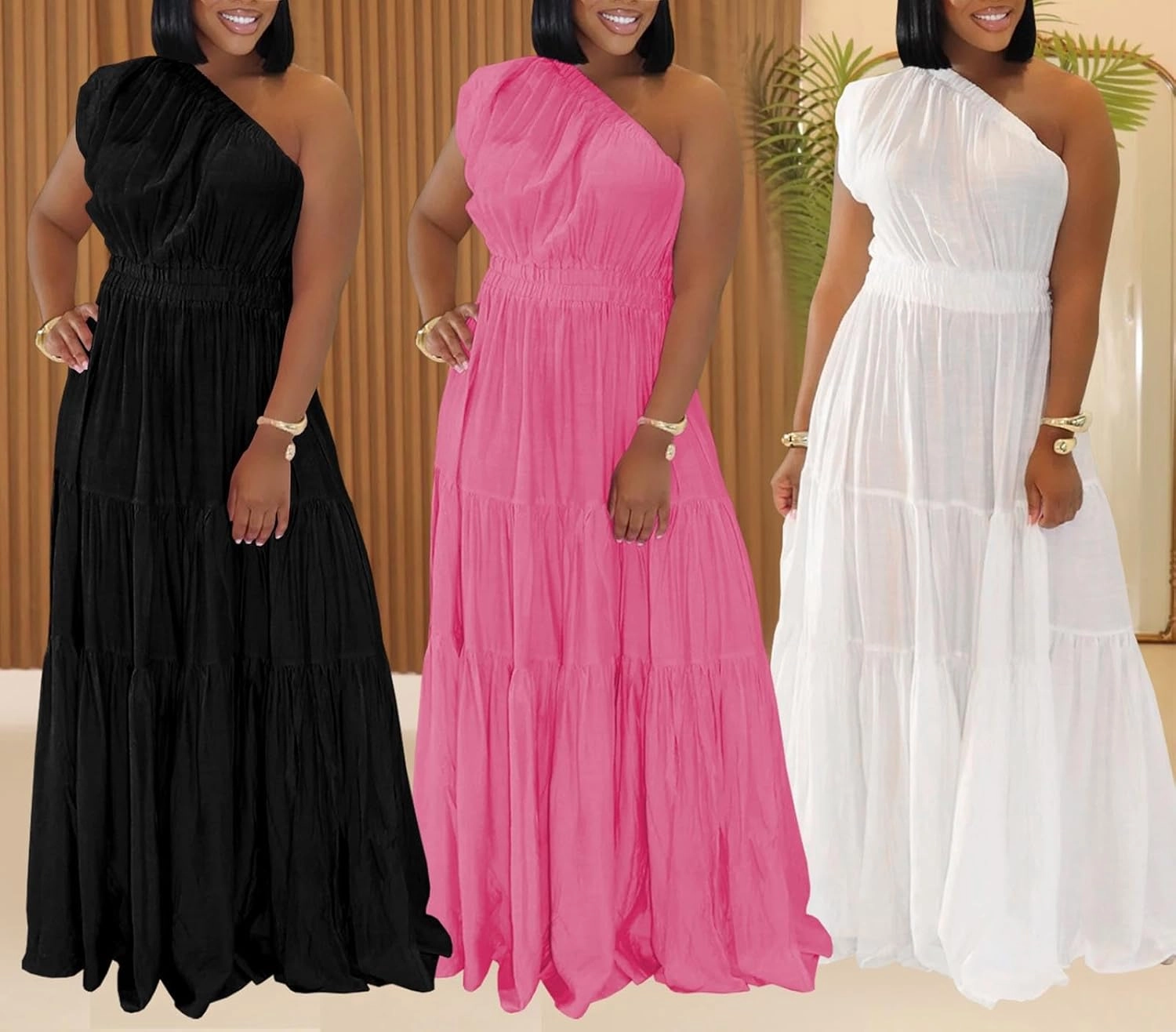 Yuopeid Women's Summer Vacation Dress Solid Color One Shoulder Sleeveless Waisted Ruched Loose Maxi Dress
