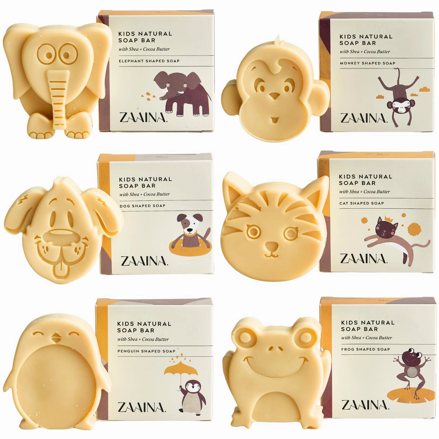 ZAAINA Natural Kids Soap Bar - Handmade in USA, Fun Bath Time for Children - Unique Cute Animal Shape Soap for Boys Girls, Gift for Kids, Body Soap Bars - Gentle on Sensitive Skin - Set of 6