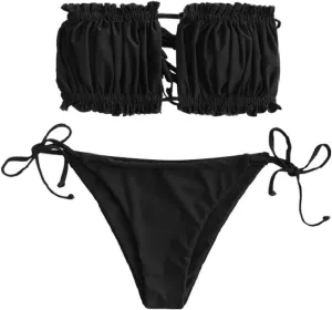 ZAFUL Women 2 Piece Strapless Bikini Swimsuits Ruffle Ribbed Self Tie Bandeau Bikini Set High Cut String Bathing Suits