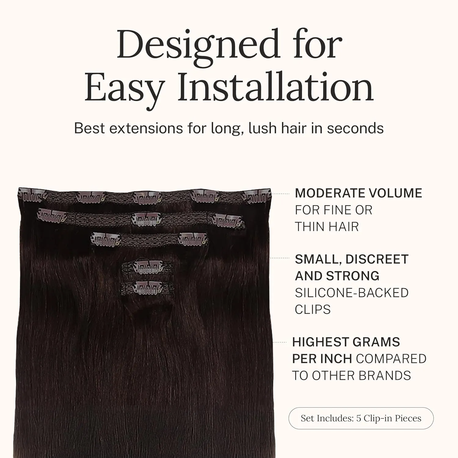 Zala Clip In Hair Extensions - 100% Remy Human Hair - Natural, Silky & Straight Discreet Clip in Extensions - Blend Easy into Natural Hair - 5 Piece Set, in Midnight Brown (85g / 16 inch)