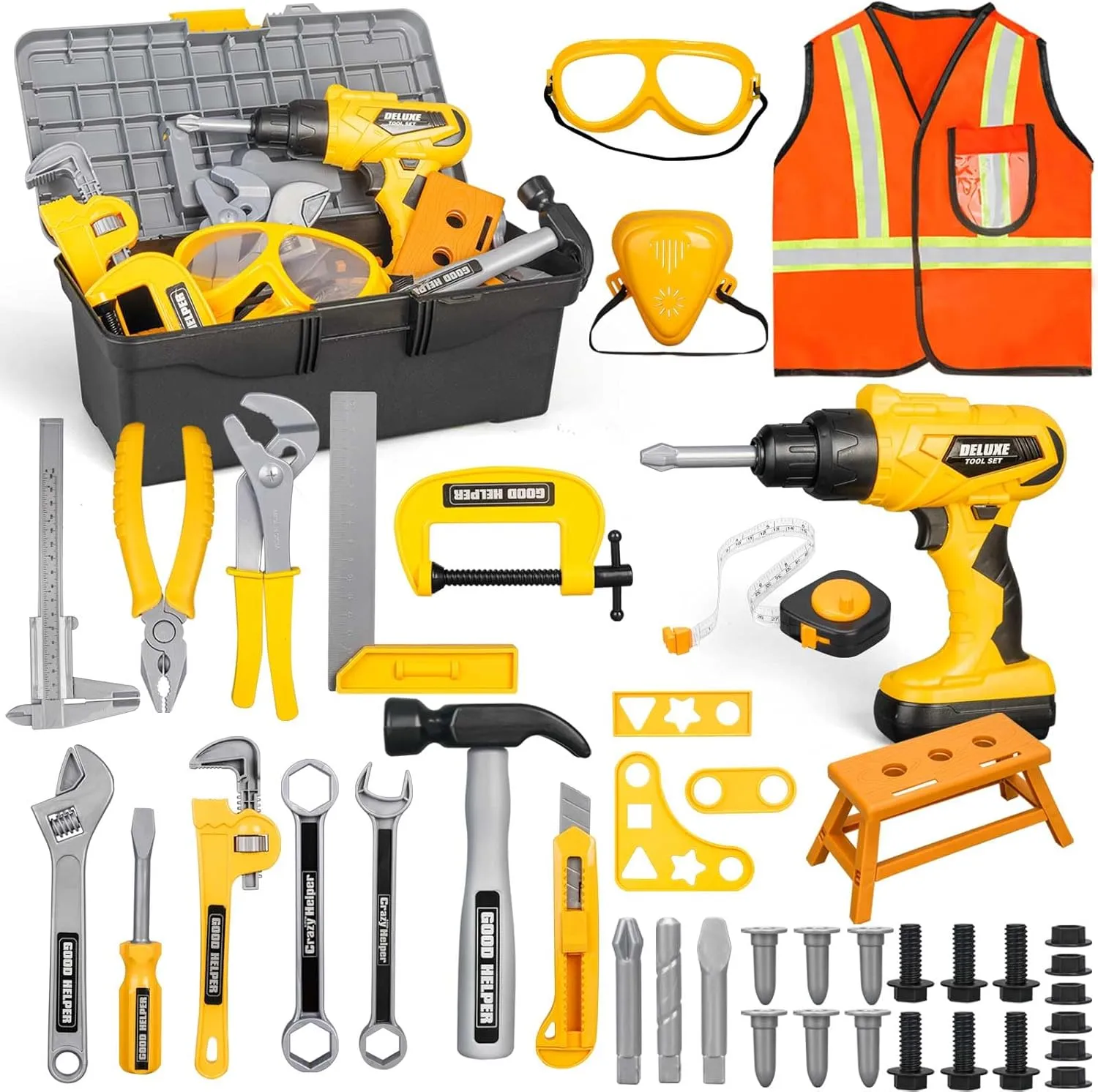 Zealous 48pcs Kids Tool Set with Tool Box & Electronic Toy Drill, Pretend Play Kids Construction Kits for Kids Ages 3-5 Years Old, Toddler Boy Toys (Yellow)