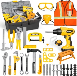 Zealous 48pcs Kids Tool Set with Tool Box & Electronic Toy Drill, Pretend Play Kids Construction Kits for Kids Ages 3-5 Years Old, Toddler Boy Toys (Yellow)