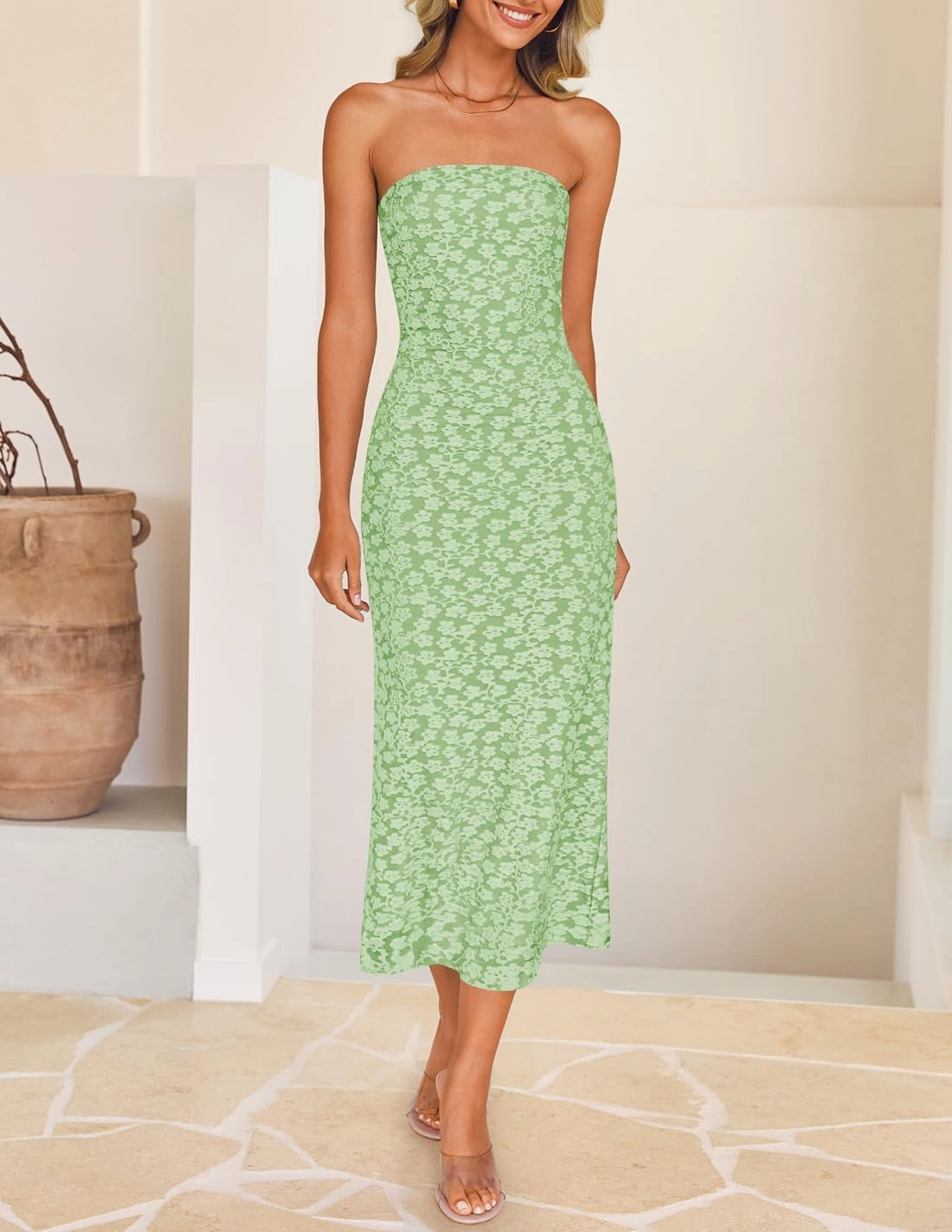 ZESICA Women's 2025 Summer Boho Floral Strapless Bodycon Dress Off Shoulder Tube Beach Party Long Midi Dresses