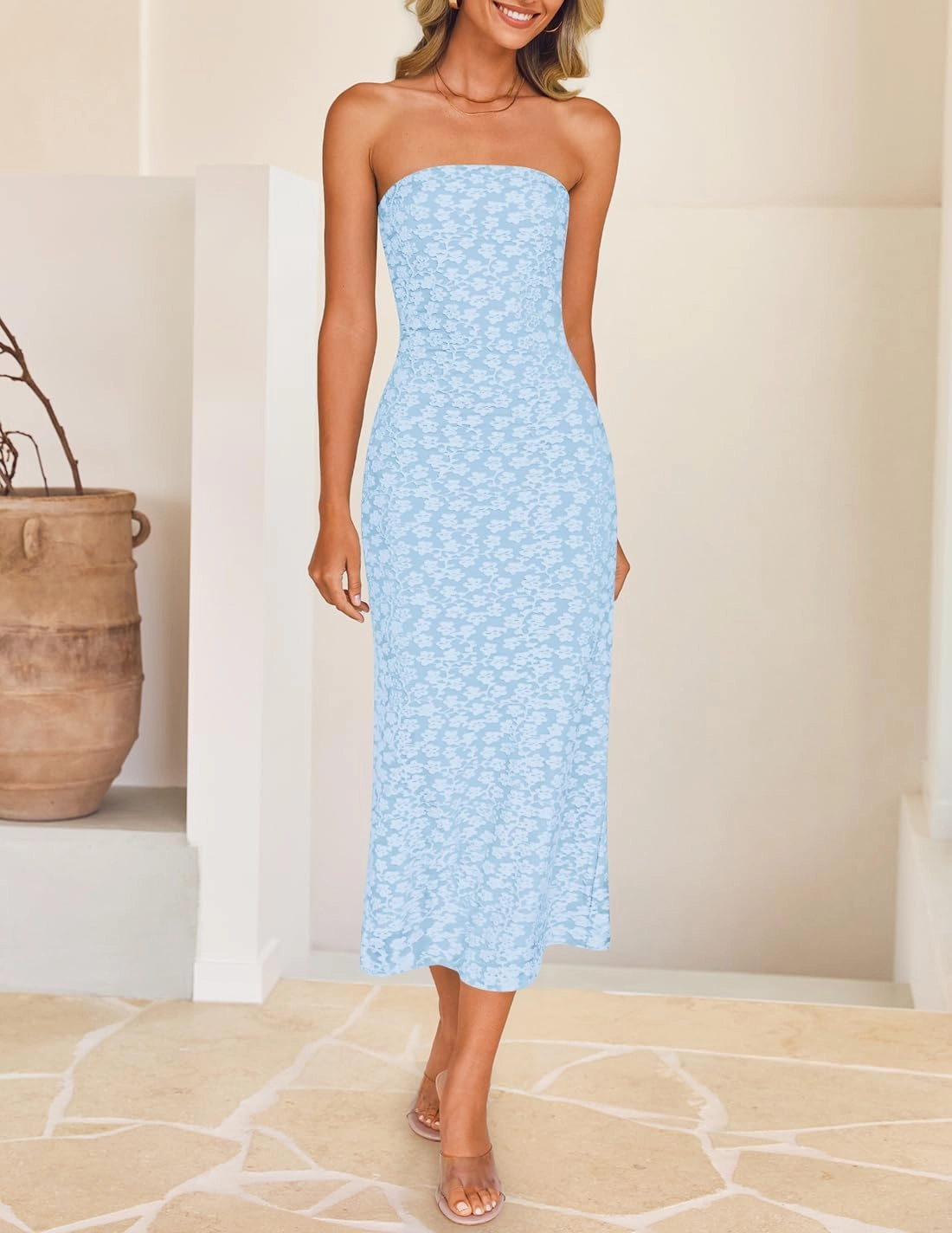 ZESICA Women's 2025 Summer Boho Floral Strapless Bodycon Dress Off Shoulder Tube Beach Party Long Midi Dresses