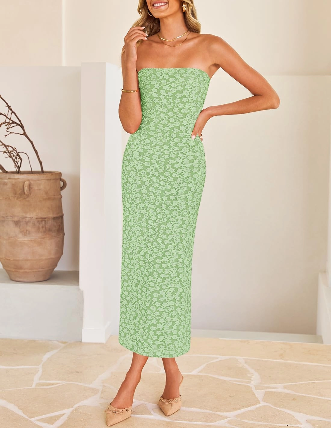 ZESICA Women's 2025 Summer Boho Floral Strapless Bodycon Dress Off Shoulder Tube Beach Party Long Midi Dresses