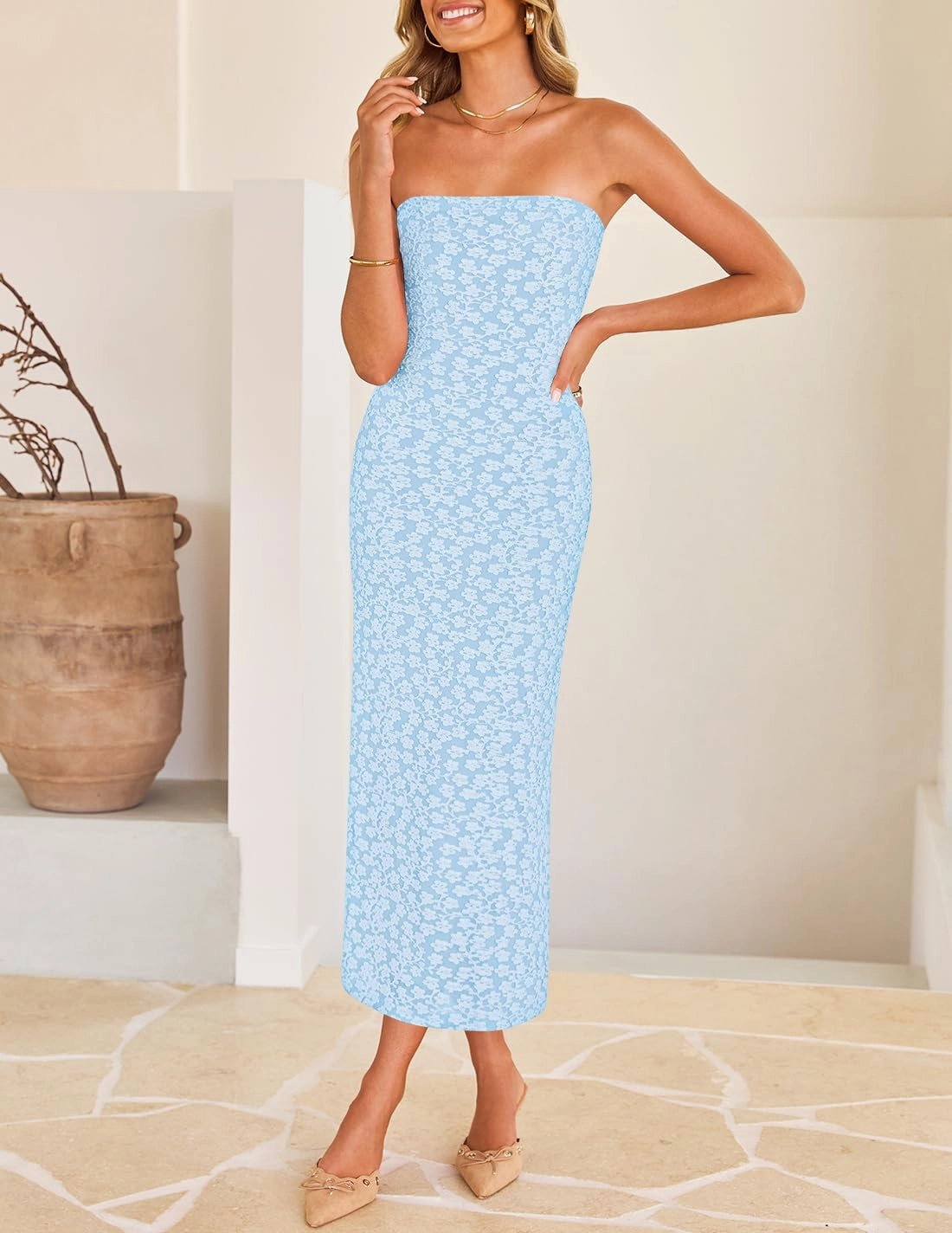 ZESICA Women's 2025 Summer Boho Floral Strapless Bodycon Dress Off Shoulder Tube Beach Party Long Midi Dresses