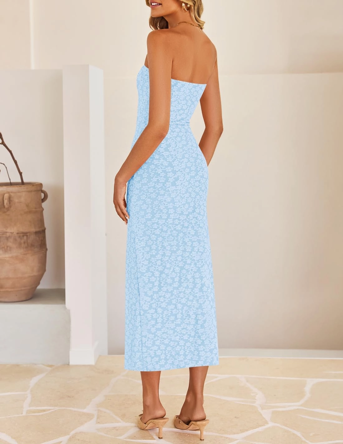 ZESICA Women's 2025 Summer Boho Floral Strapless Bodycon Dress Off Shoulder Tube Beach Party Long Midi Dresses