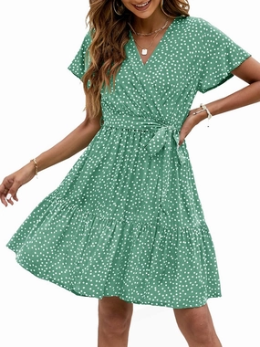 ZESICA Women's Summer Wrap V Neck Bohemian Floral Print Ruffle Swing A Line Beach Mini Dress
