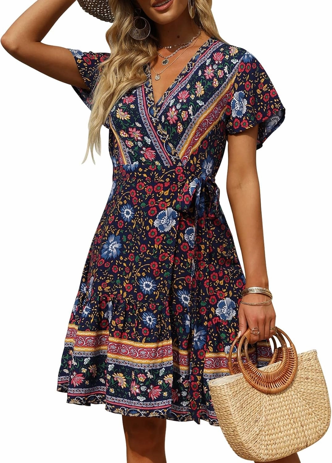 ZESICA Women's Summer Wrap V Neck Bohemian Floral Print Ruffle Swing A Line Beach Mini Dress