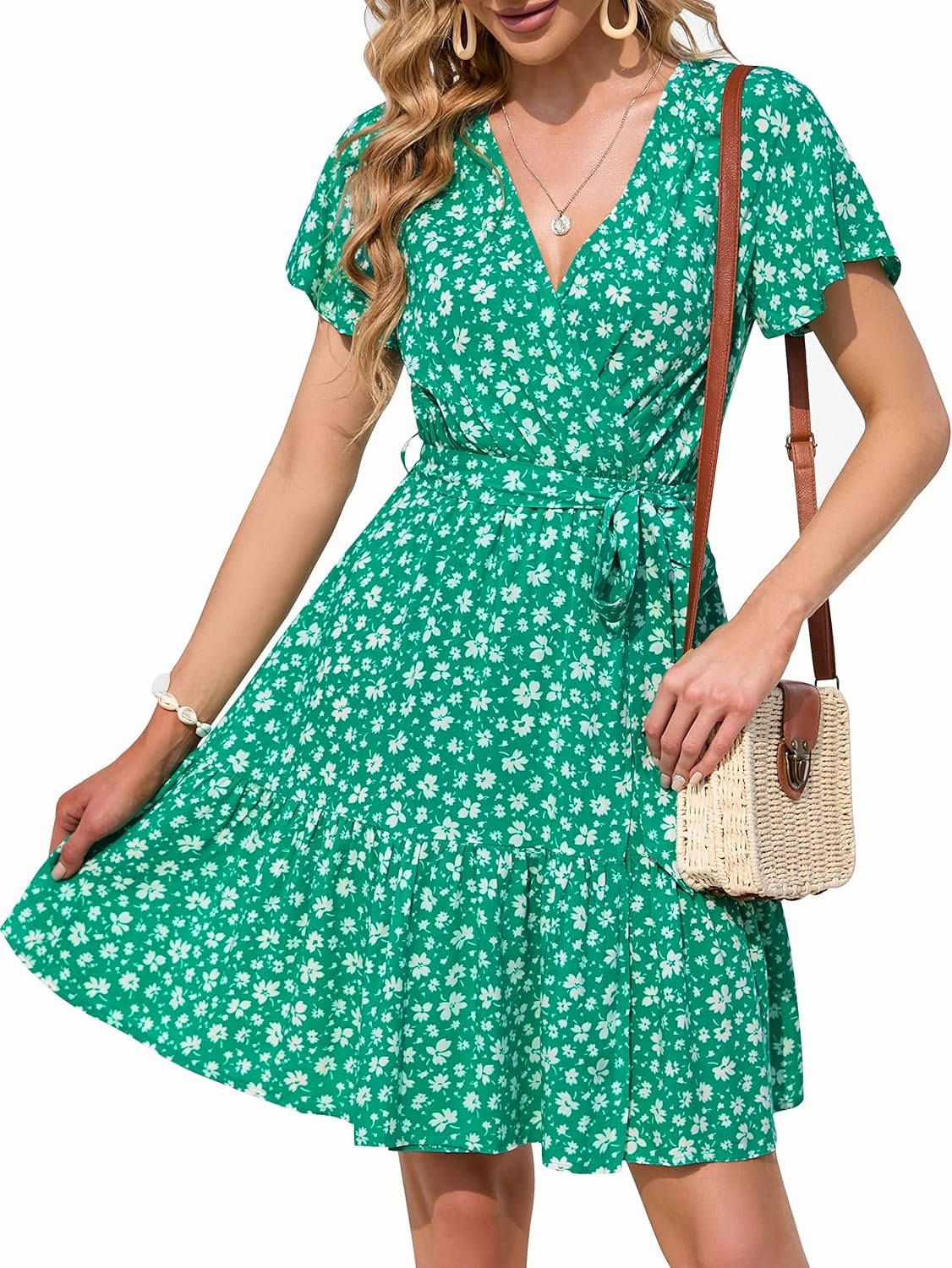 ZESICA Women's Summer Wrap V Neck Bohemian Floral Print Ruffle Swing A Line Beach Mini Dress