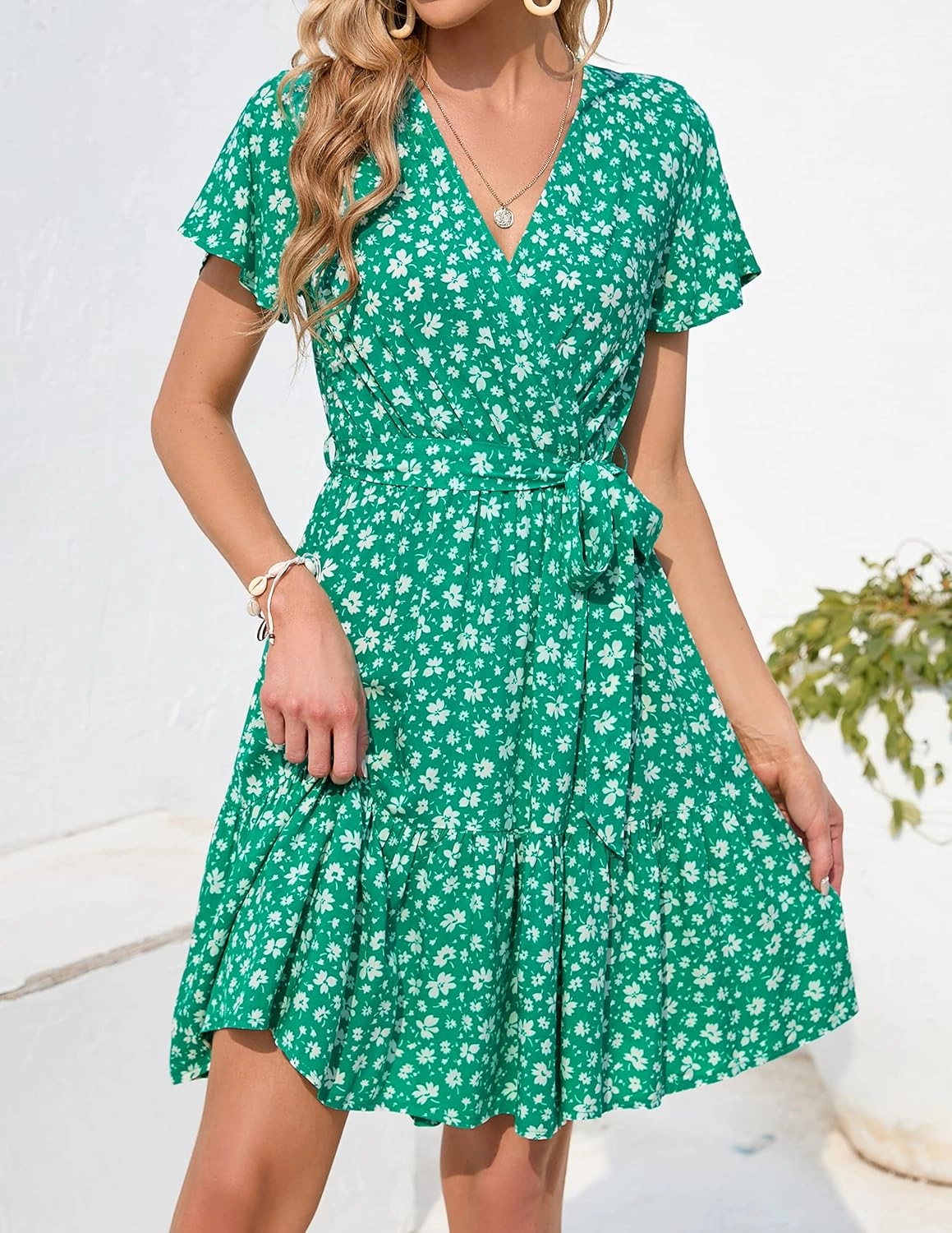 ZESICA Women's Summer Wrap V Neck Bohemian Floral Print Ruffle Swing A Line Beach Mini Dress
