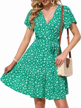 ZESICA Women's Summer Wrap V Neck Bohemian Floral Print Ruffle Swing A Line Beach Mini Dress