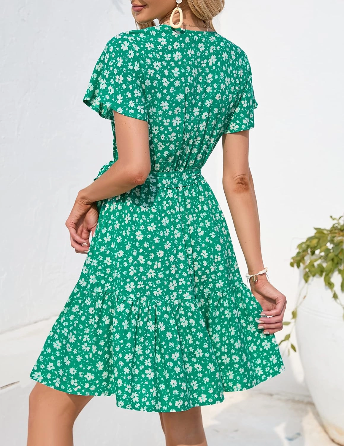 ZESICA Women's Summer Wrap V Neck Bohemian Floral Print Ruffle Swing A Line Beach Mini Dress
