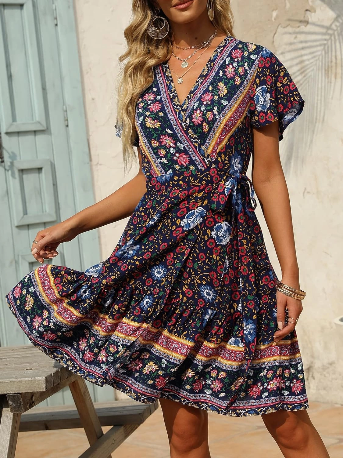 ZESICA Women's Summer Wrap V Neck Bohemian Floral Print Ruffle Swing A Line Beach Mini Dress