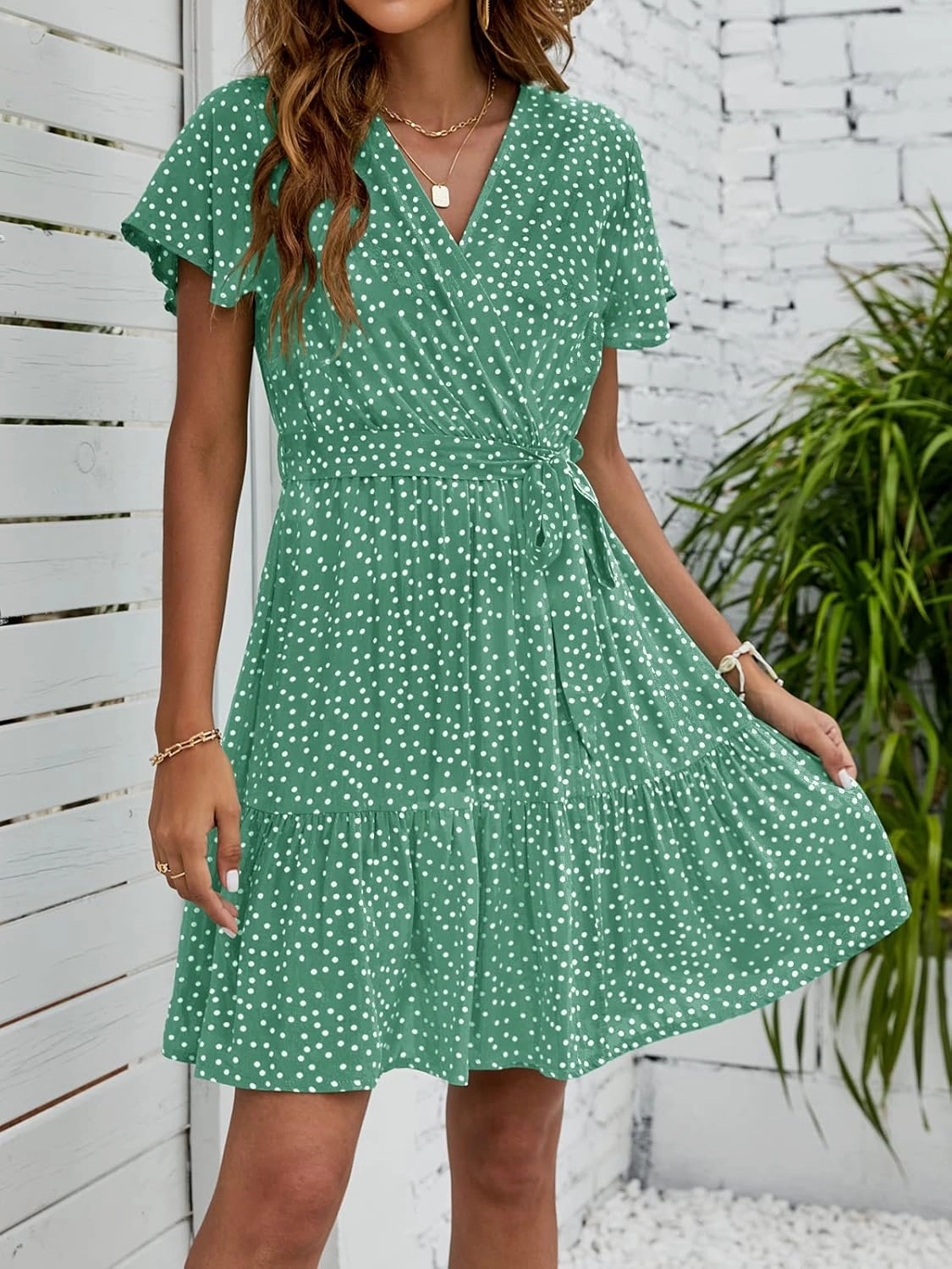 ZESICA Women's Summer Wrap V Neck Bohemian Floral Print Ruffle Swing A Line Beach Mini Dress