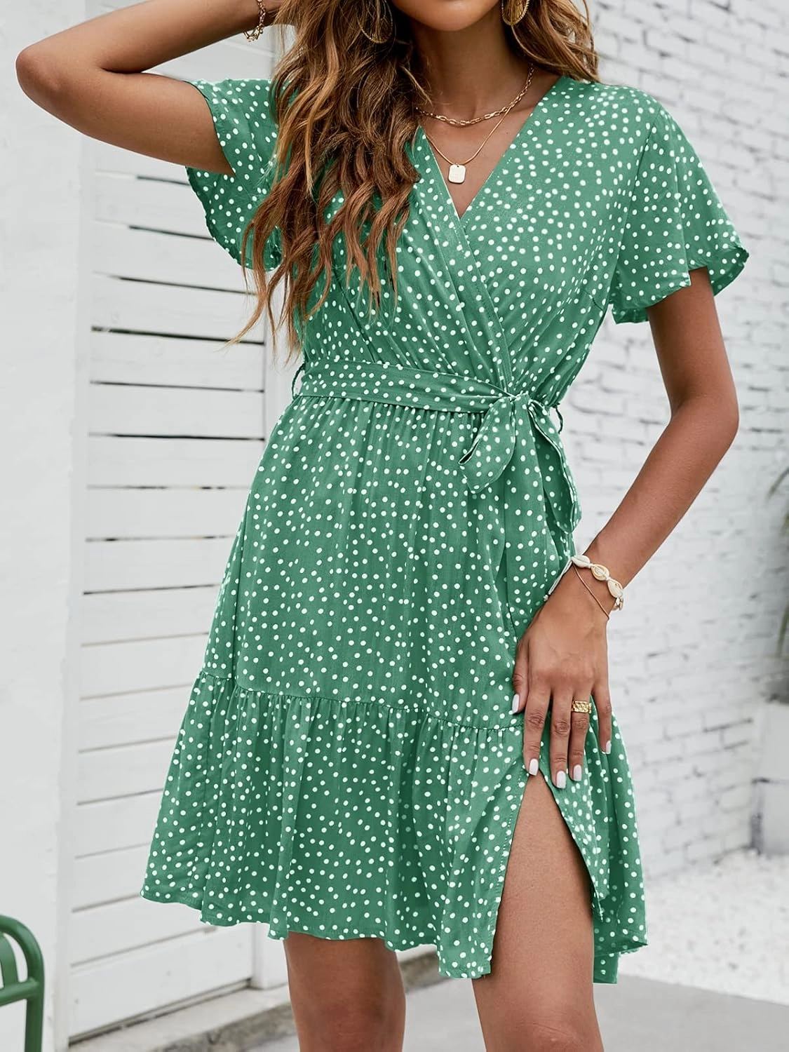 ZESICA Women's Summer Wrap V Neck Bohemian Floral Print Ruffle Swing A Line Beach Mini Dress