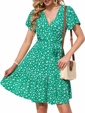 ZESICA Women's Summer Wrap V Neck Bohemian Floral Print Ruffle Swing A Line Beach Mini Dress