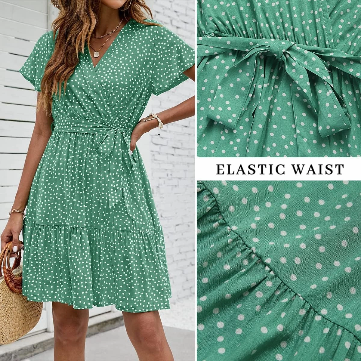 ZESICA Women's Summer Wrap V Neck Bohemian Floral Print Ruffle Swing A Line Beach Mini Dress