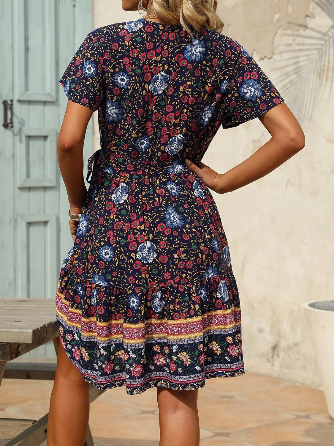 ZESICA Women's Summer Wrap V Neck Bohemian Floral Print Ruffle Swing A Line Beach Mini Dress
