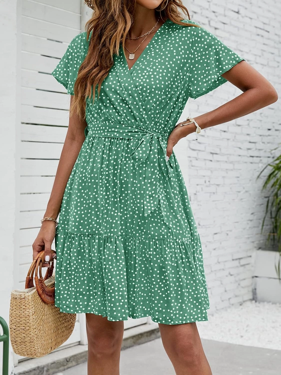 ZESICA Women's Summer Wrap V Neck Bohemian Floral Print Ruffle Swing A Line Beach Mini Dress