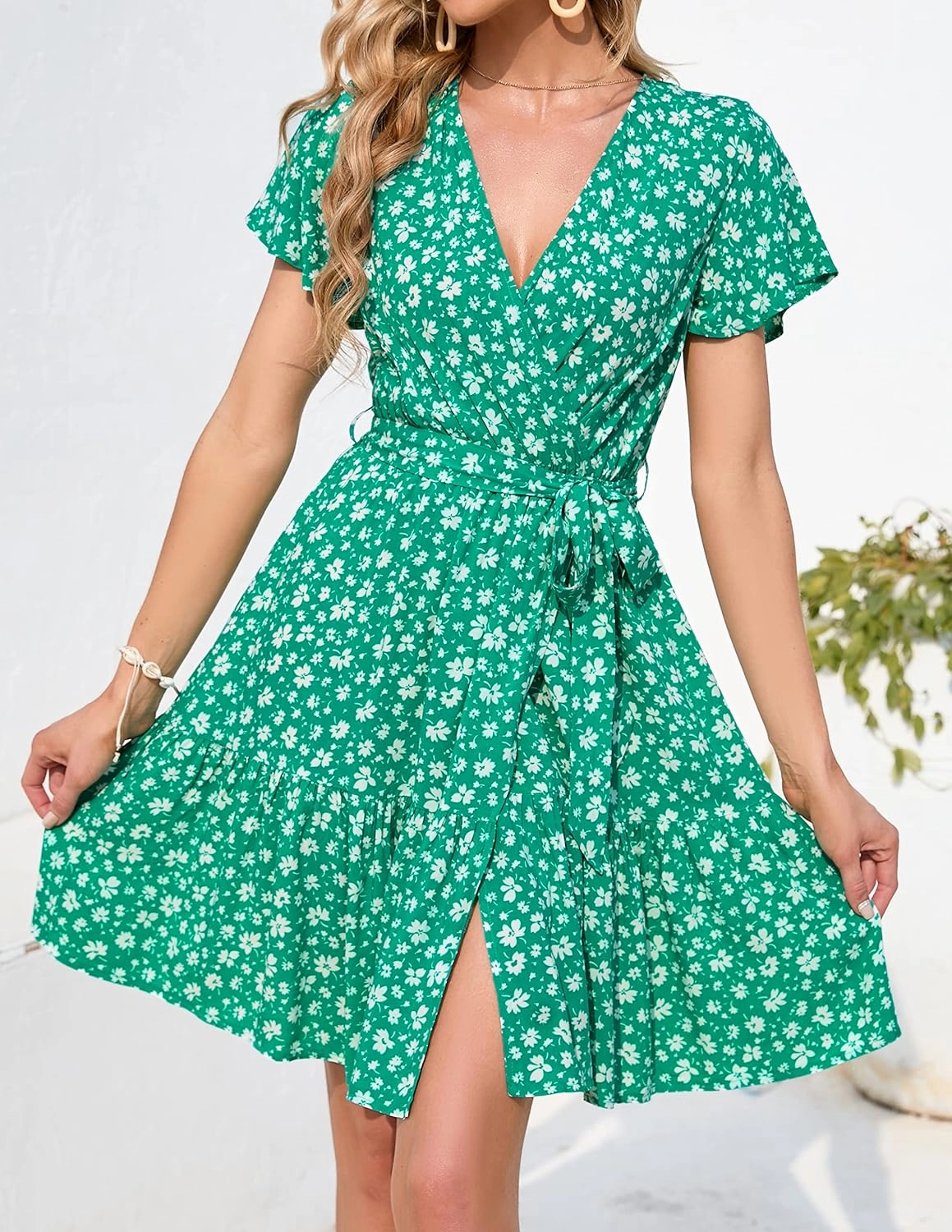 ZESICA Women's Summer Wrap V Neck Bohemian Floral Print Ruffle Swing A Line Beach Mini Dress