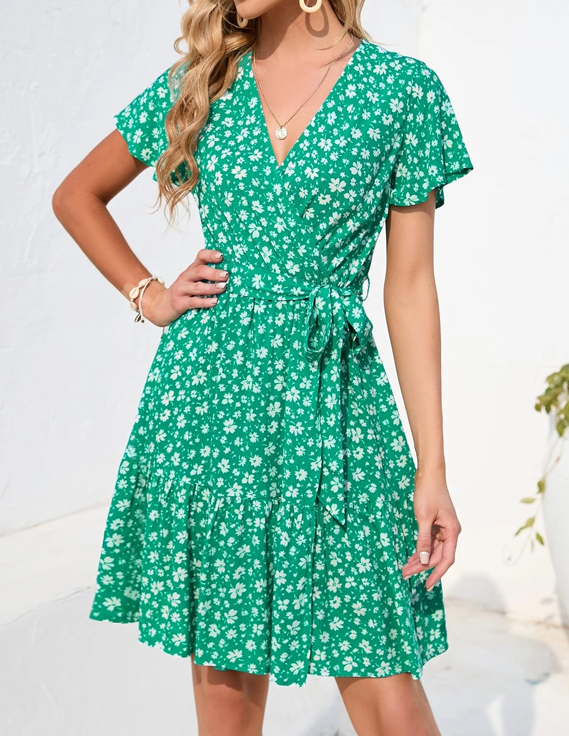 ZESICA Women's Summer Wrap V Neck Bohemian Floral Print Ruffle Swing A Line Beach Mini Dress