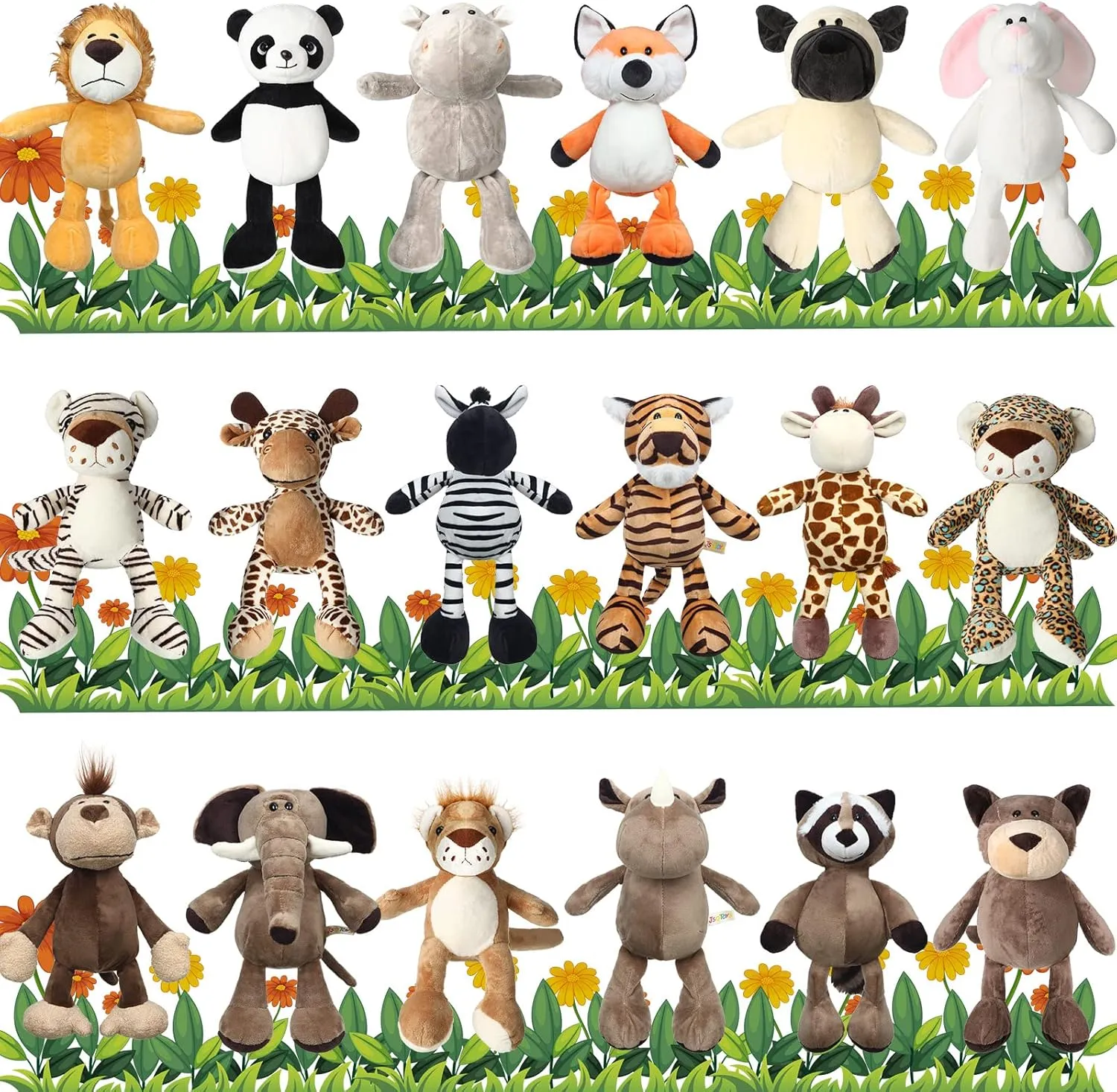Zhanmai 18 Pieces Safari Stuffed Animals 9.9 Inch Cute Plush Jungle Toy Set Includes Tiger Lion Elephant Monkey Zebra Raccoon Rhino Giraffe Bulk for Zoo Theme Party