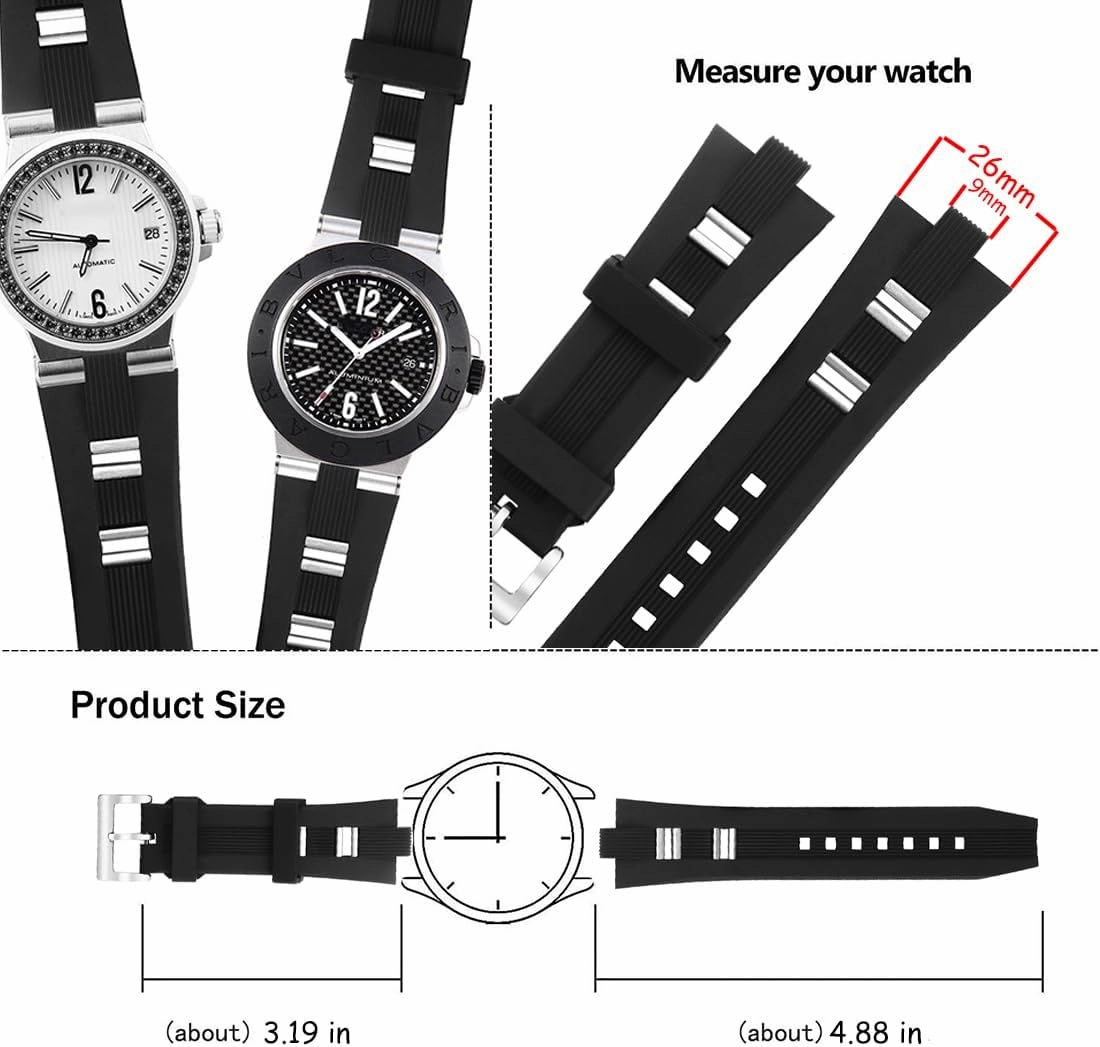 ZHUOLEI Black Silicone 26mm Rubber Watch Band Lug Width 9mm with Stainless Steel Buckle with Tool Replacement for Men's Watches