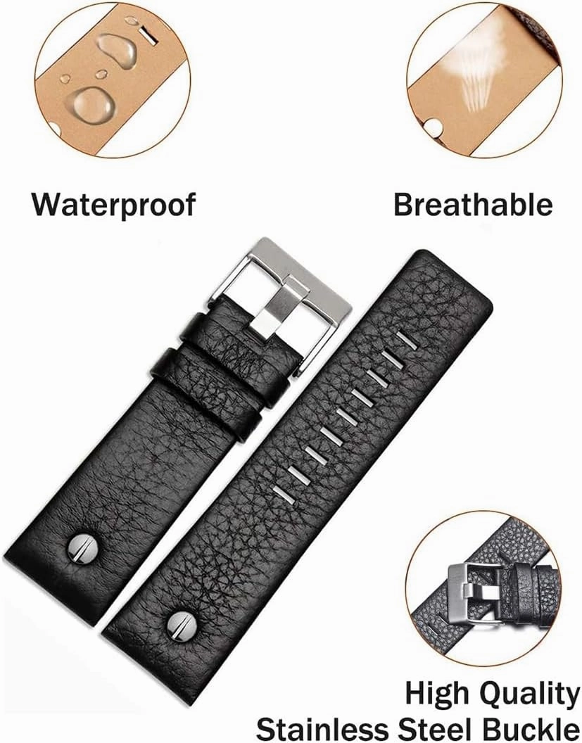 ZHUOLEI Diesel Calfskin Leather Watch Band Litchi Pattern Strap with Tool 22mm 24mm 26mm 28mm 30mm Replacement for Men's Diesel Watches
