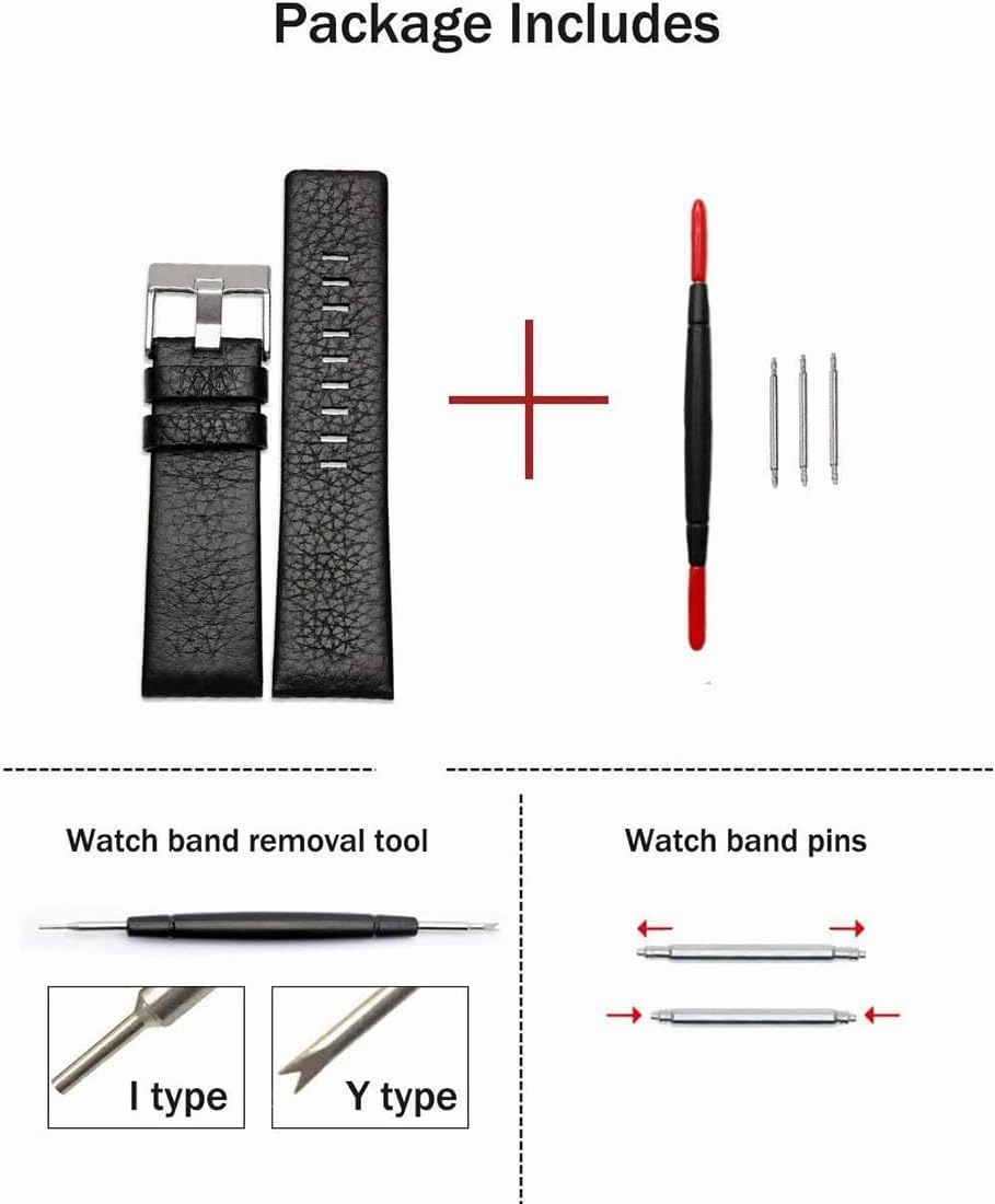 ZHUOLEI Diesel Calfskin Leather Watch Band Litchi Pattern Strap with Tool 22mm 24mm 26mm 28mm 30mm Replacement for Men's Diesel Watches