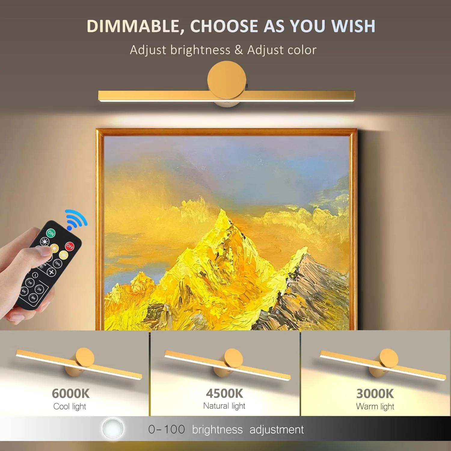 ZitoStory Battery Operated Picture Light with Remote,Wireless Dimmable Art Lights for Paintings Rechargeable Gallery Light Artwork Lighting for Canvas, Portrait (Gold,16'' Inch)
